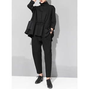 Loose Drawstring Waist Long Sleeve Shirt