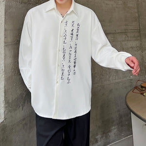 Calligraphy Print Long Sleeve Lapel Shirt