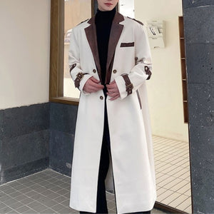 Knee-length Leather Collar Patchwork Coat