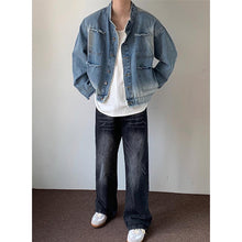 Load image into Gallery viewer, Raw Edge Ombre Shoulder Pads Cropped Denim Jacket
