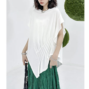 Pleated Irregular Butterfly Sleeves Round Neck T-shirt