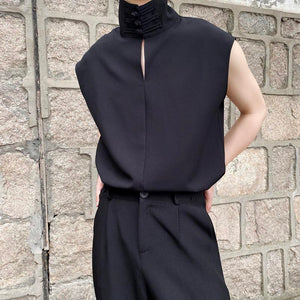 Pullover Buckle Hollow Stand Collar Sleeveless Shirt