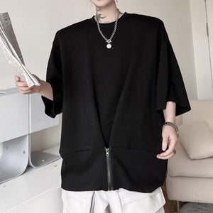 Hem Zipper Panel Shoulder Pads T-Shirt