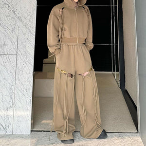 Hollow Strap Hooded Sweatshirt Two-Piece Set