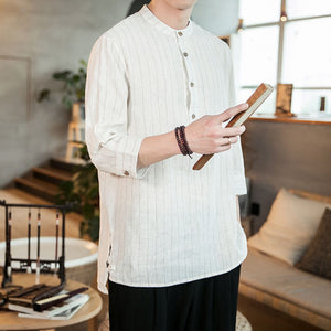 Striped Cotton And Linen Three-quarter Sleeve Shirt