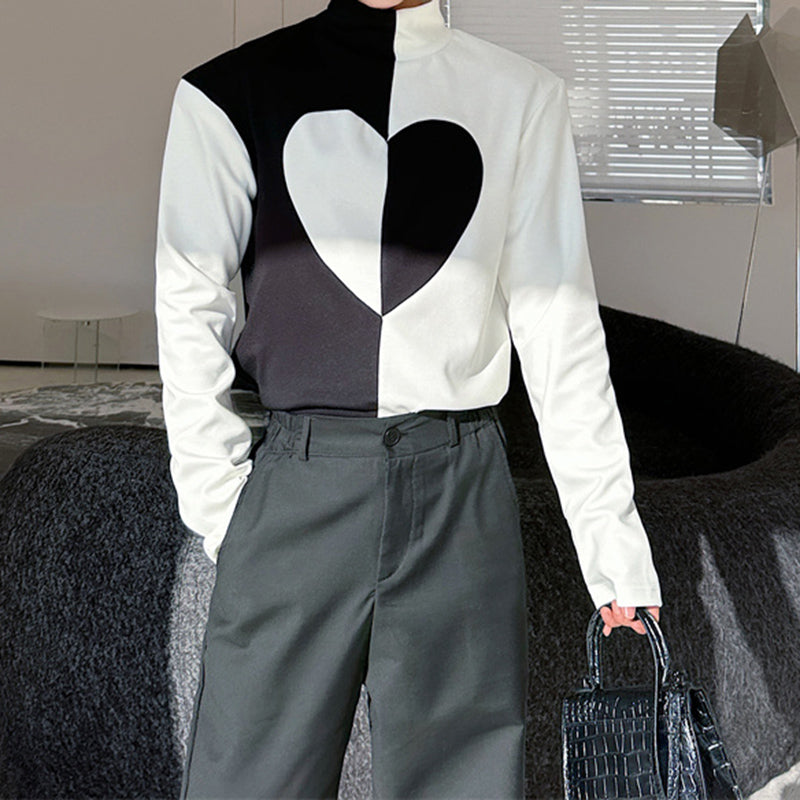 Black and White Patchwork Turtleneck T-Shirt