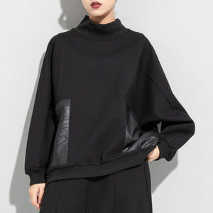 Paneled PU Leather Dolman Sleeve Pocket T-Shirt