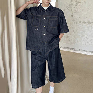 Lapel Short-sleeved Denim Suit