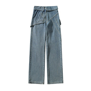 Blue Patchwork Denim Long Straight Pants