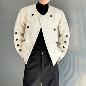 Button-embellished Loose Collarless Woolen Jacket