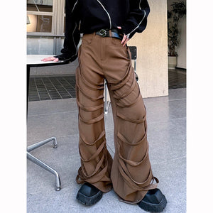 Casual Webbing-embellished Straight-leg Loose Wide-leg Pants