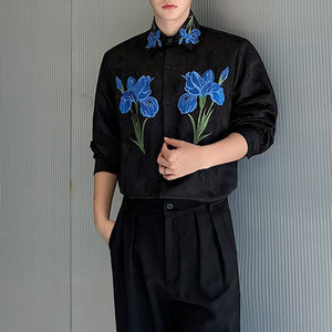 Floral Embroidered Lapel Long-sleeved Shirt