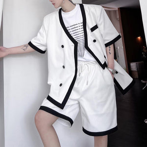 V-Neck Paneled Color Contrasting Blazer Shorts Set