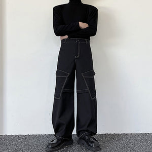 Topstitched Pockets Straight-leg Wide-leg Cargo Pants