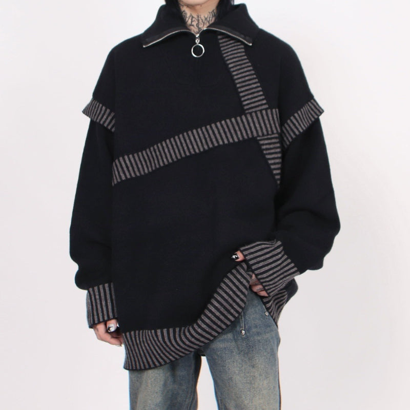 Retro Lazy Patchwork Half-zip Lapel Sweater