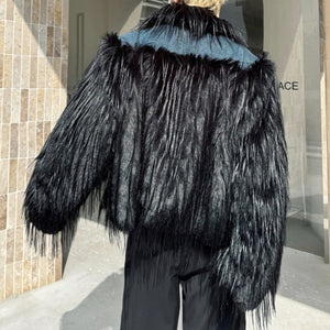 Denim Patchwork Warm Puffy Fur Jacket