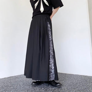 Double Layer Floral Panel Pleated Wide Leg Pants