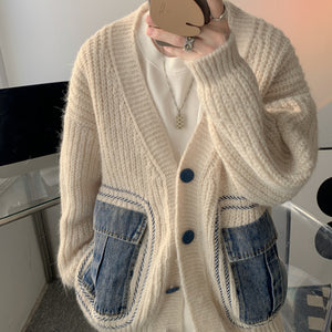 Lazy Denim Pocket Patchwork Sweater Jacket