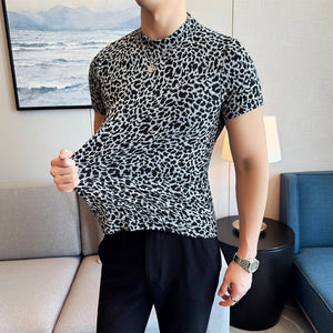 Leopard Print Slim Fit Half Turtleneck T-shirt