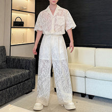 Load image into Gallery viewer, Lace Translucent Short-sleeved Shirt and Pants Suit
