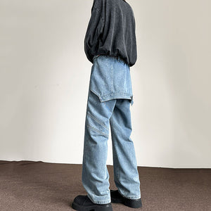 Blue Patchwork Denim Long Straight Pants