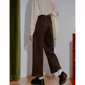 Vintage Rolled Hem Fur High Waist Straight Pants