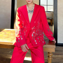 Load image into Gallery viewer, Embroidered Sequined Large V-Neck Suit Jacket Straight-Leg Trousers Two-Piece Set
