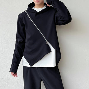 Slanted Fly Zipper Hooded Casual Sweatshirt