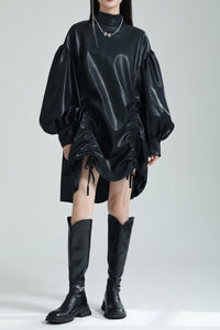 Irregular Drawstring PU Leather Cape Dress