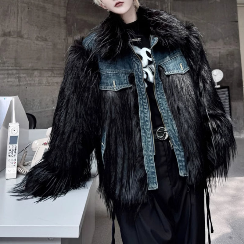 Denim Patchwork Warm Puffy Fur Jacket