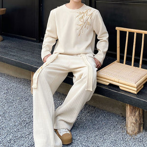 Retro Embroidered Sweatshirt and Wide-leg Trousers Two-piece Set