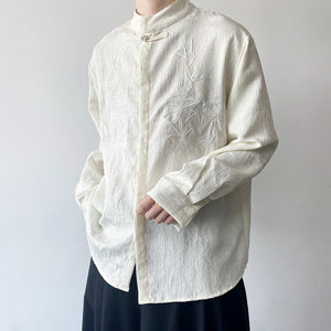 Embroidered Jacquard Stand Collar Button Up Long Sleeve Shirt