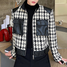 Load image into Gallery viewer, Patchwork Leather Stand Collar Wool Plaid Short Jacket
