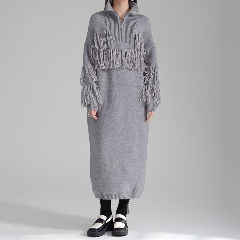 Autumn and Winter Thickened Turtleneck Fringed Knitted Dress