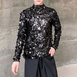 Sequin Party Stage Stand Collar Tight T-Shirt