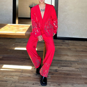 Embroidered Sequined Large V-Neck Suit Jacket Straight-Leg Trousers Two-Piece Set