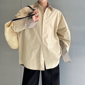 Reversible Khaki Plaid Two-Piece Spliced Long-Sleeved Shirt