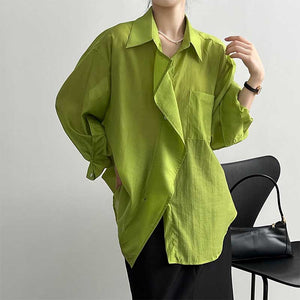 Ladies Solid Color Tencel Ruffle Trim Long Sleeve Shirt