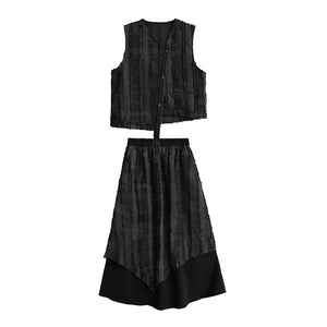 Retro Irregular Vest Elastic Waist A-Line Skirt Suit