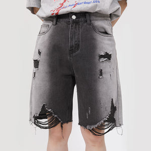 Straight Ripped Five Points Denim Shorts