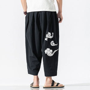 Cotton Linen Print Loose Ninth Pants