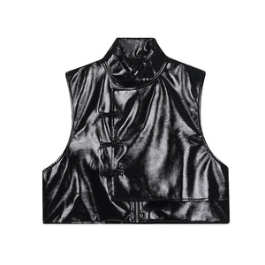 Retro Buckle Stand Collar PU Leather Short Vest