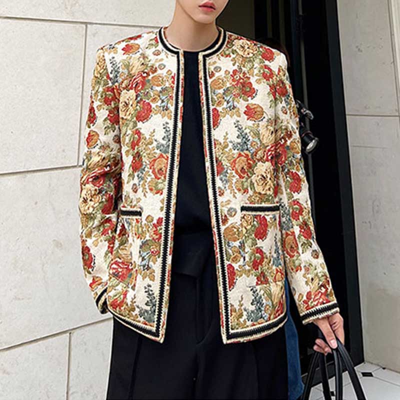 Vintage Flower Jacquard Collarless Jacket