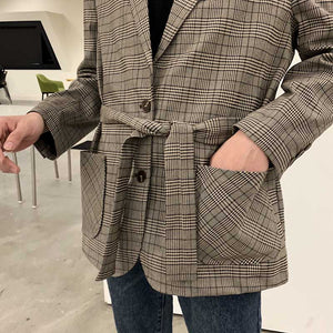 Autumn Plaid Belt Casual Blazer