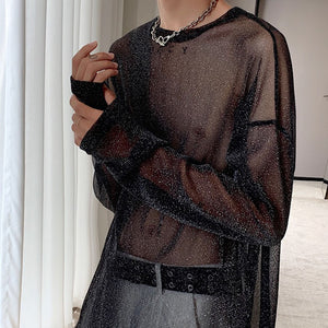 Glitter Sheer Mesh Long Sleeve T-Shirt