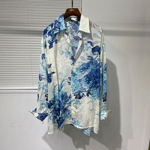 Slanted Placket Large Floral Print Shirt