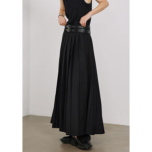 Double Belt Pleated A-line Skirt