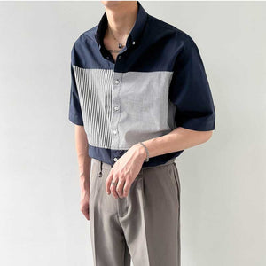 Thin Paneled Striped Half-Sleeve Shirt