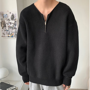 Zippered V-Neck Loose Knit Sweater