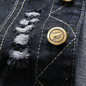 Shredded Slim Black Denim Vest